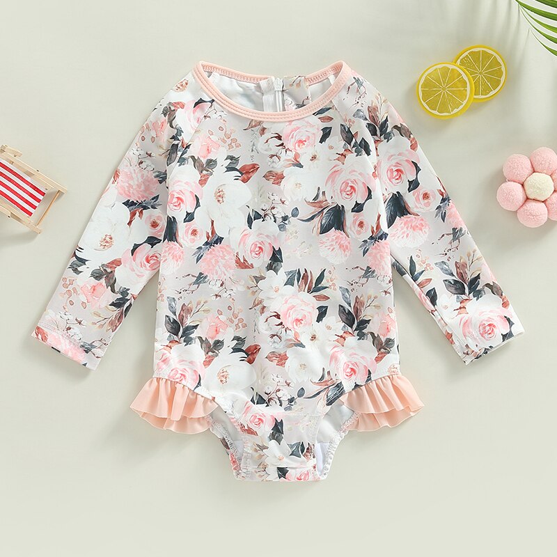 Flower Print Long Sleeve Ruffle Bikini Bathing Suit