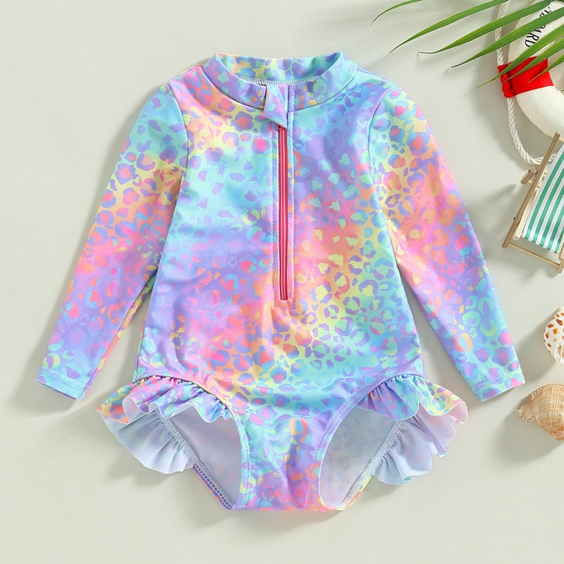 Fish Scale Print Long Sleeve Zipper Swimwear