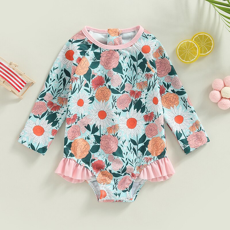 Flower Print Long Sleeve Ruffle Bikini Bathing Suit