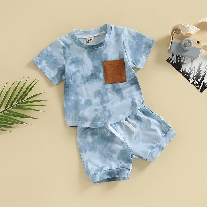 Tie-dye Print Short Sleeve Pocket T-shirt with Elastic Waist Shorts