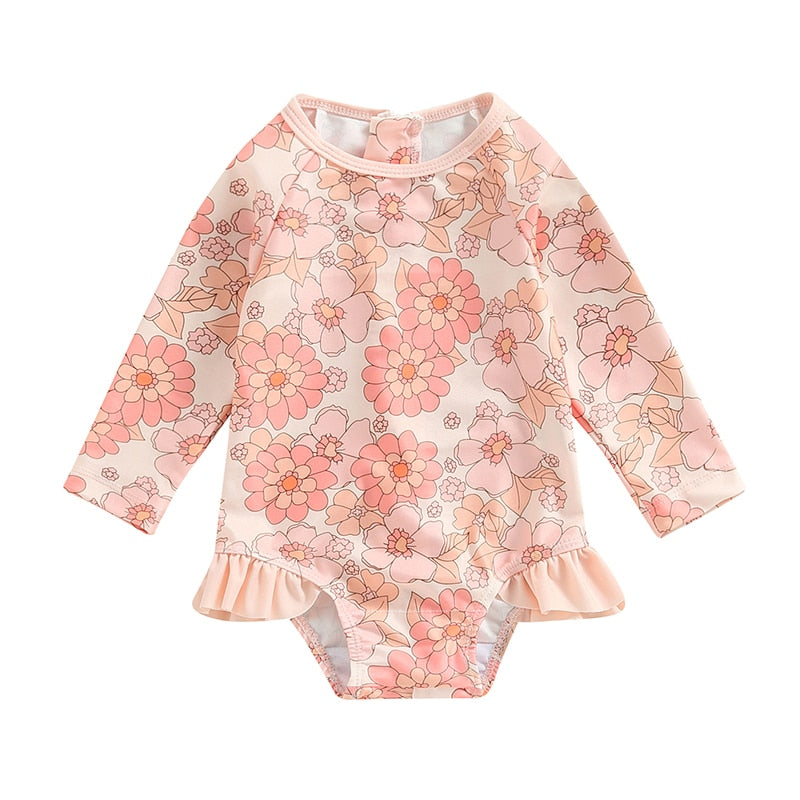 Flower Print Long Sleeve Ruffle Bikini Bathing Suit