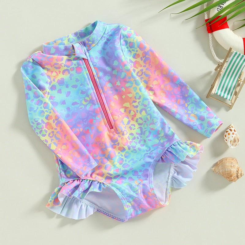 Fish Scale Print Long Sleeve Zipper Swimwear