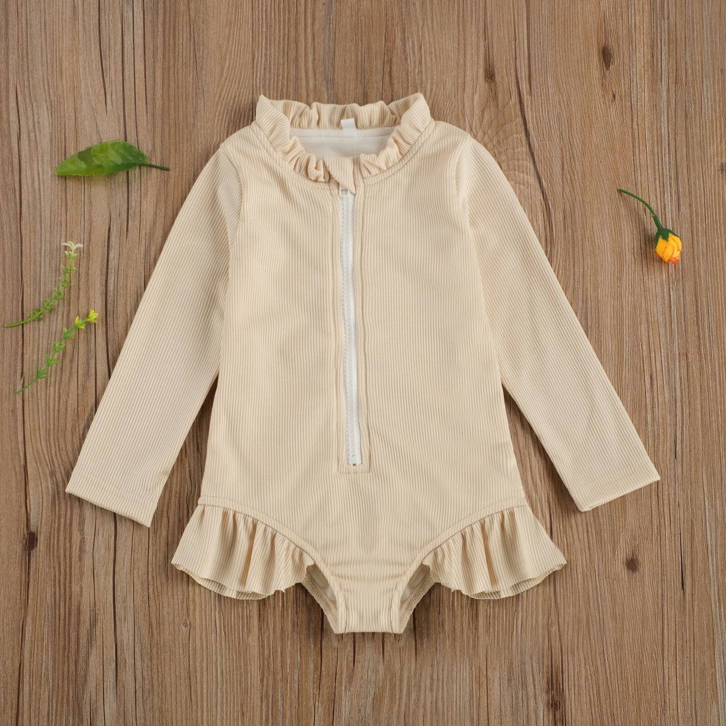 Solid Colour Ruffles Long Sleeve Zipper Swimsuit