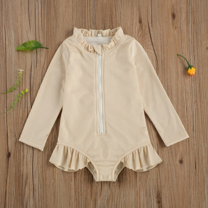 Solid Colour Ruffles Long Sleeve Zipper Swimsuit