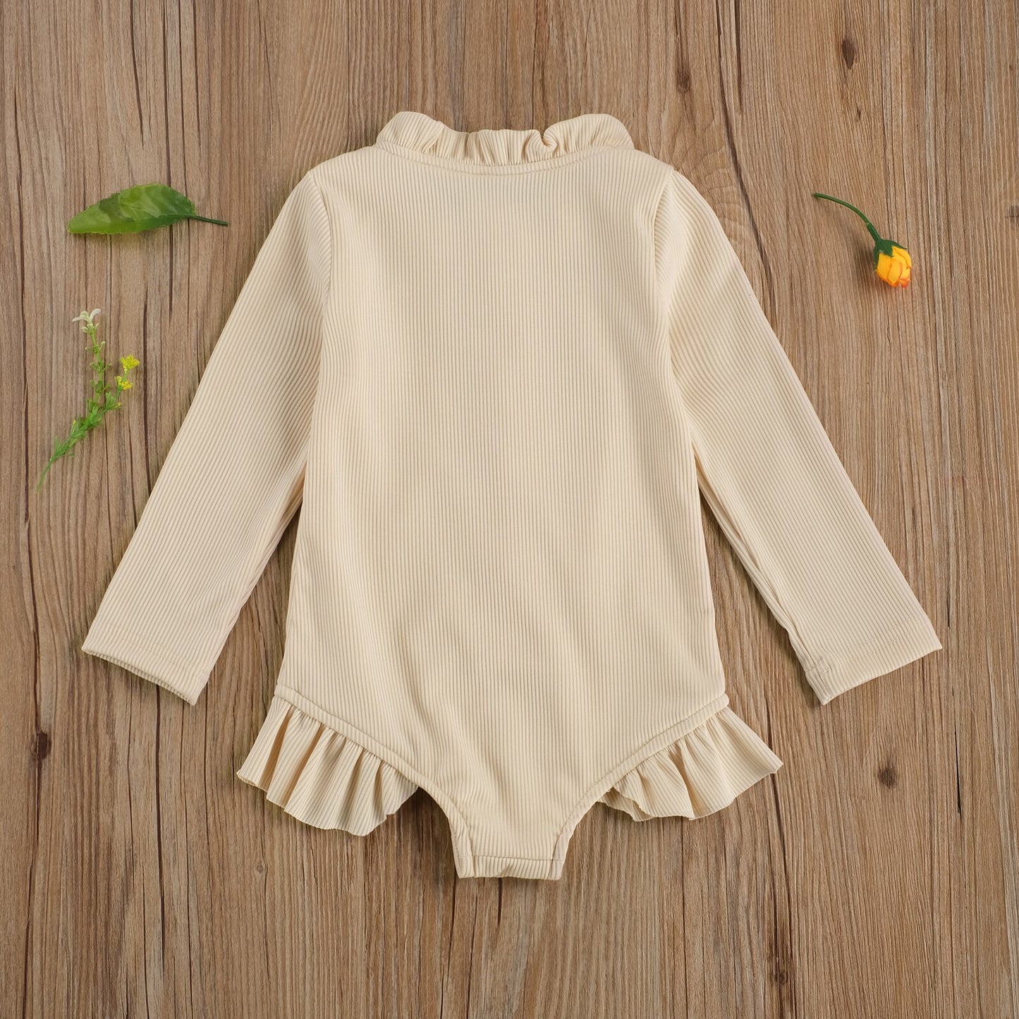 Solid Colour Ruffles Long Sleeve Zipper Swimsuit