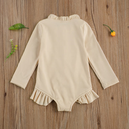 Solid Colour Ruffles Long Sleeve Zipper Swimsuit
