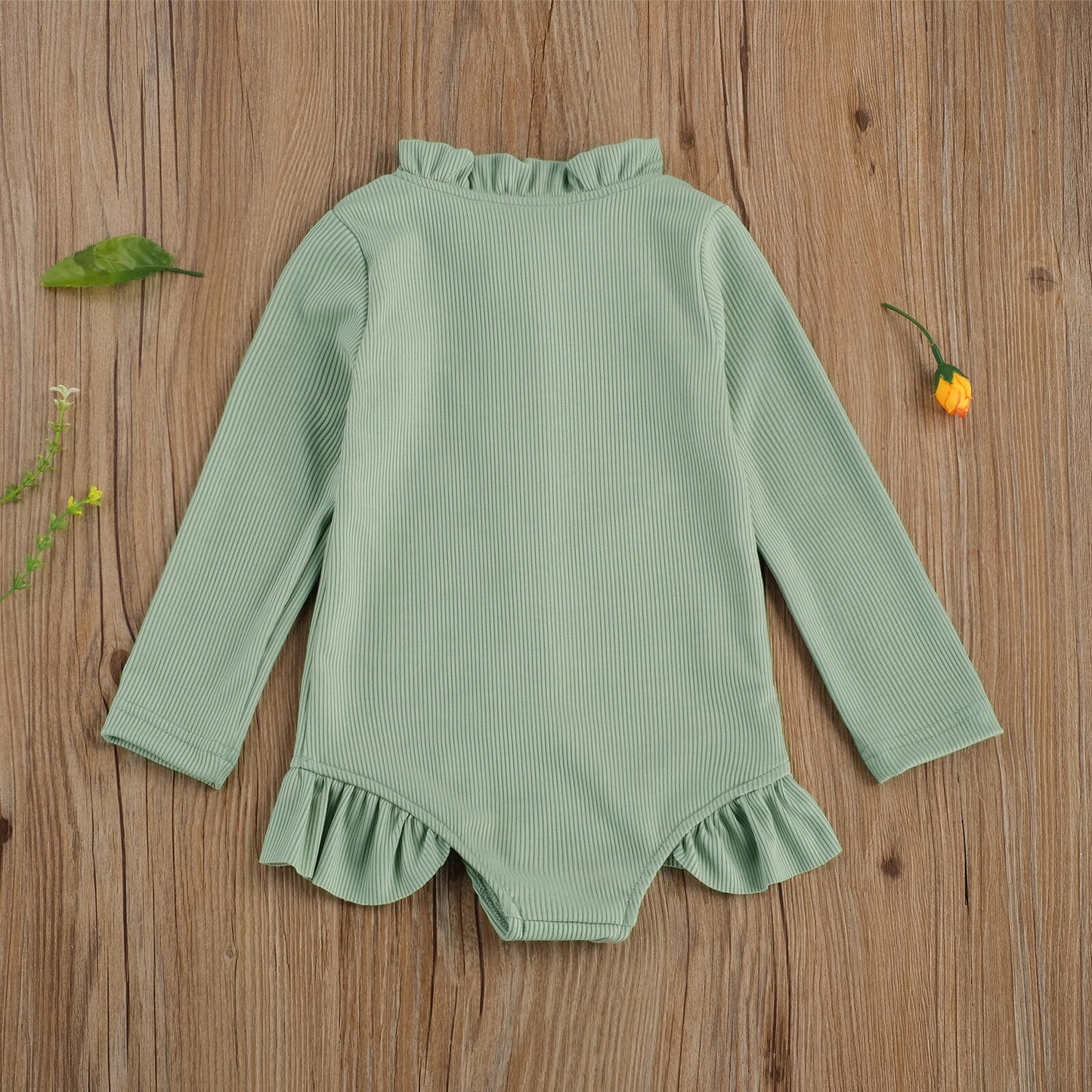 Solid Colour Ruffles Long Sleeve Zipper Swimsuit