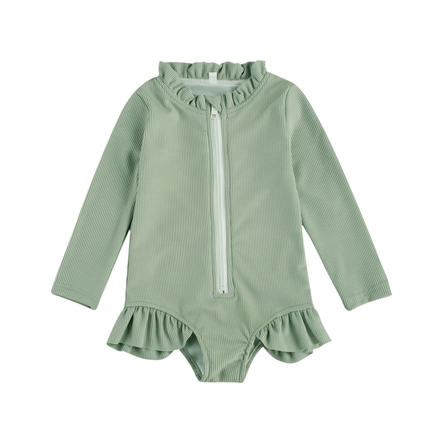 Solid Colour Ruffles Long Sleeve Zipper Swimsuit