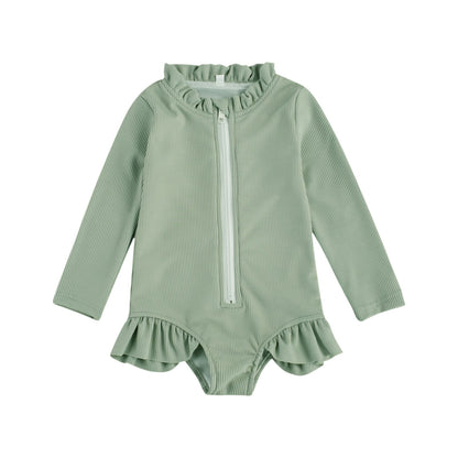 Solid Colour Ruffles Long Sleeve Zipper Swimsuit