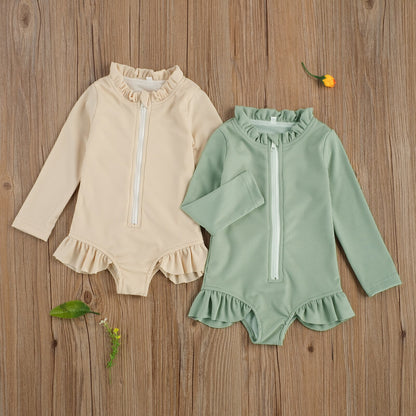 Solid Colour Ruffles Long Sleeve Zipper Swimsuit