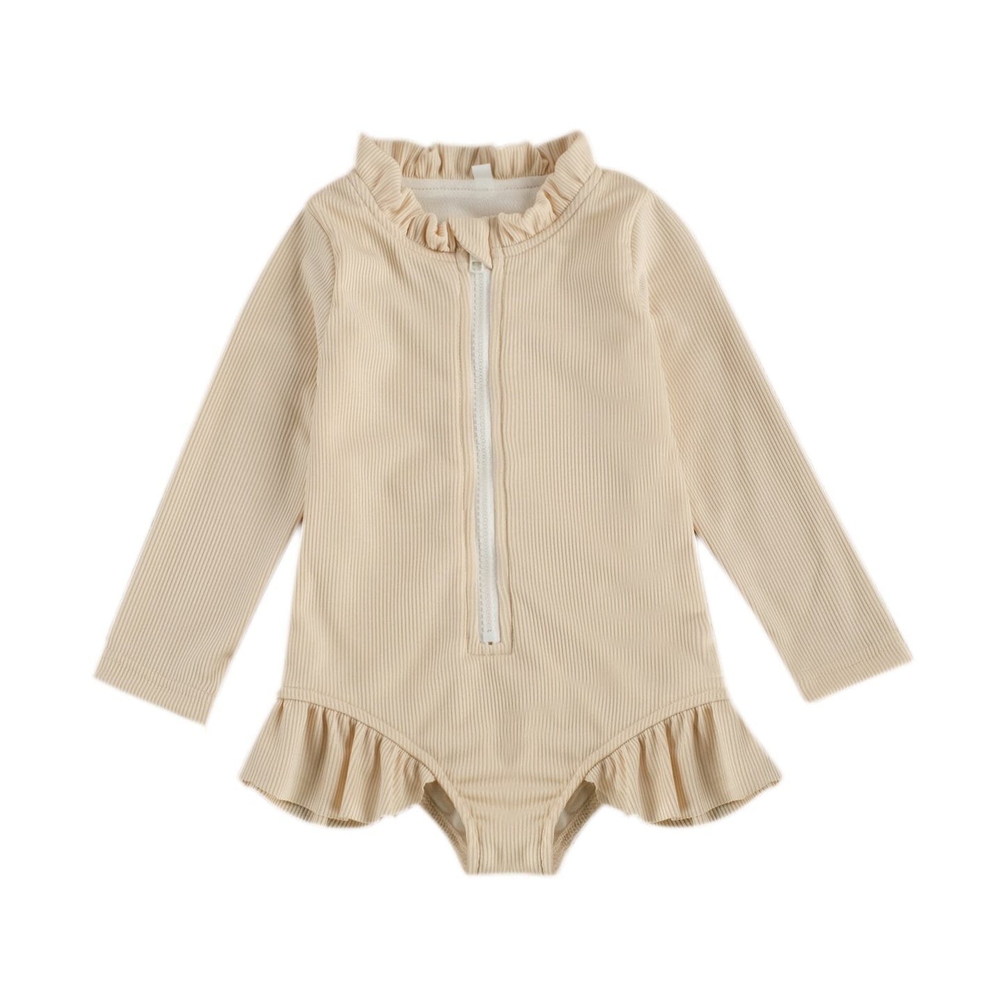 Solid Colour Ruffles Long Sleeve Zipper Swimsuit