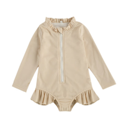 Solid Colour Ruffles Long Sleeve Zipper Swimsuit