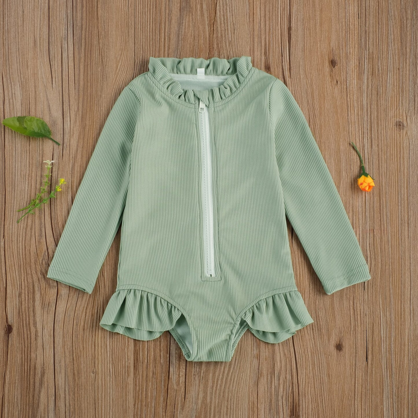 Solid Colour Ruffles Long Sleeve Zipper Swimsuit