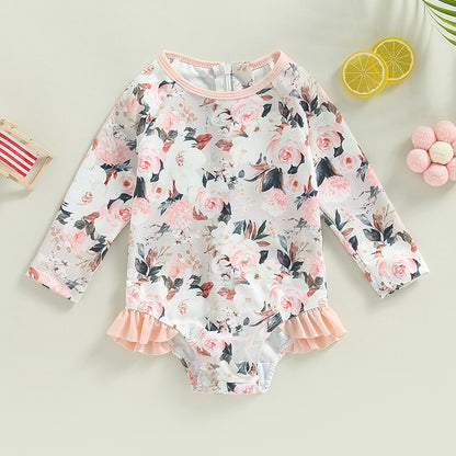Flower Print Long Sleeve Ruffle Bikini Bathing Suit