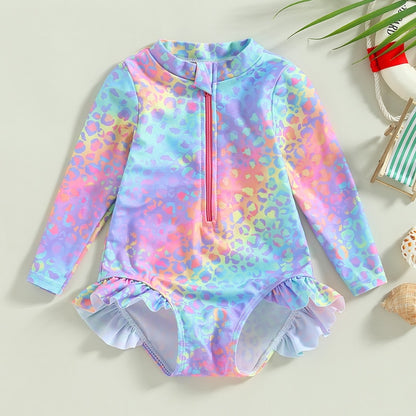 Fish Scale Print Long Sleeve Zipper Swimwear