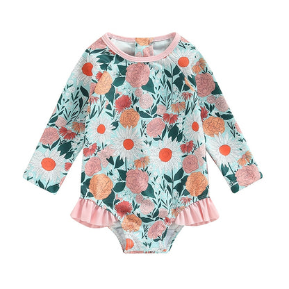 Flower Print Long Sleeve Ruffle Bikini Bathing Suit