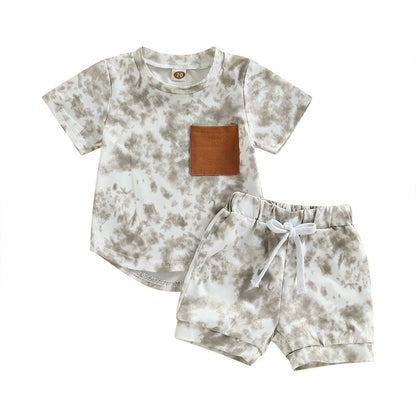 Tie-dye Print Short Sleeve Pocket T-shirt with Elastic Waist Shorts