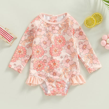 Flower Print Long Sleeve Ruffle Bikini Bathing Suit