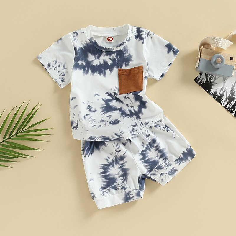 Tie-dye Print Short Sleeve Pocket T-shirt with Elastic Waist Shorts