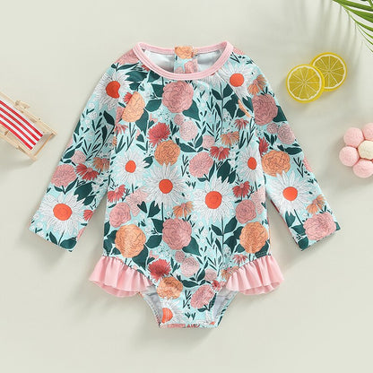 Flower Print Long Sleeve Ruffle Bikini Bathing Suit