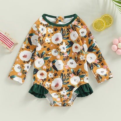 Flower Print Long Sleeve Ruffle Bikini Bathing Suit
