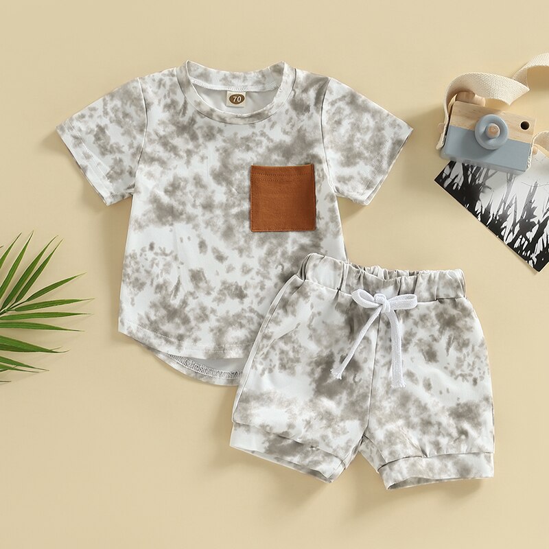 Tie-dye Print Short Sleeve Pocket T-shirt with Elastic Waist Shorts