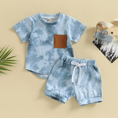 Tie-dye Print Short Sleeve Pocket T-shirt with Elastic Waist Shorts