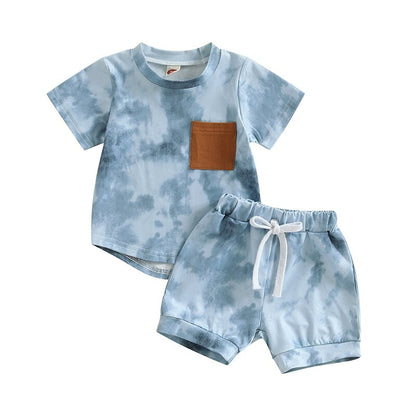 Tie-dye Print Short Sleeve Pocket T-shirt with Elastic Waist Shorts