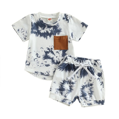 Tie-dye Print Short Sleeve Pocket T-shirt with Elastic Waist Shorts