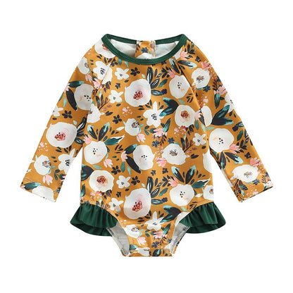 Flower Print Long Sleeve Ruffle Bikini Bathing Suit