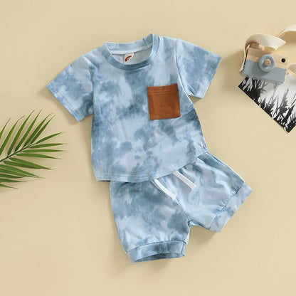 Tie-dye Print Short Sleeve Pocket T-shirt with Elastic Waist Shorts