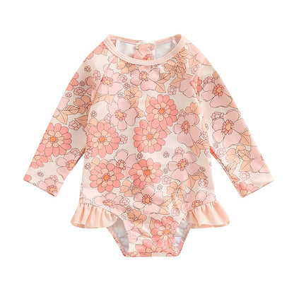 Flower Print Long Sleeve Ruffle Bikini Bathing Suit