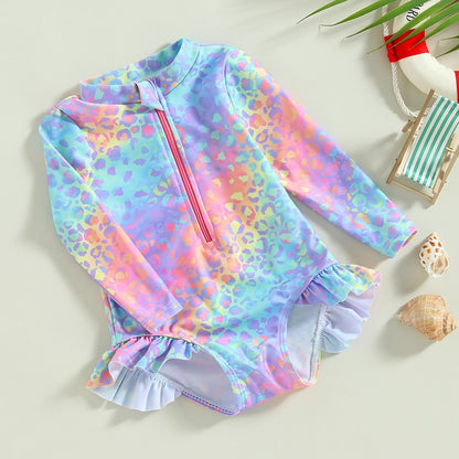 Fish Scale Print Long Sleeve Zipper Swimwear