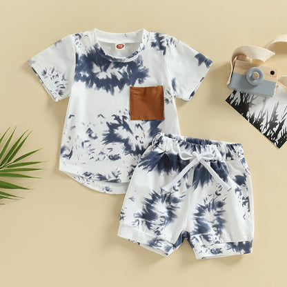 Tie-dye Print Short Sleeve Pocket T-shirt with Elastic Waist Shorts