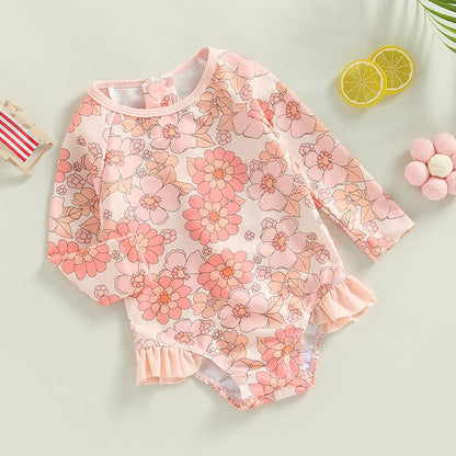 Flower Print Long Sleeve Ruffle Bikini Bathing Suit