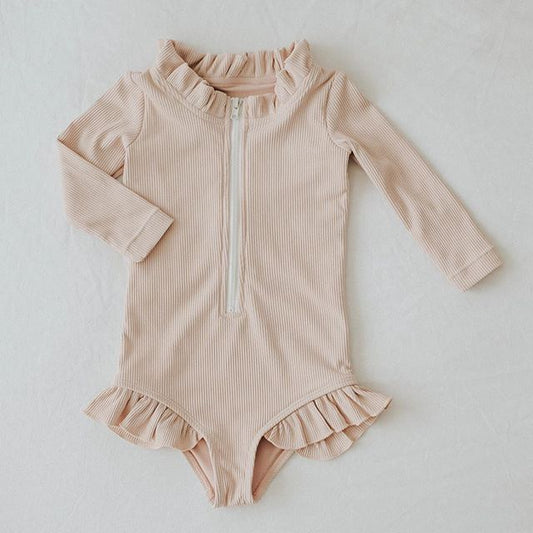 Solid Colour Ruffles Long Sleeve Zipper Swimsuit
