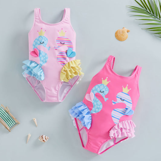 Sea Horse Backless Ruffles Swimwear