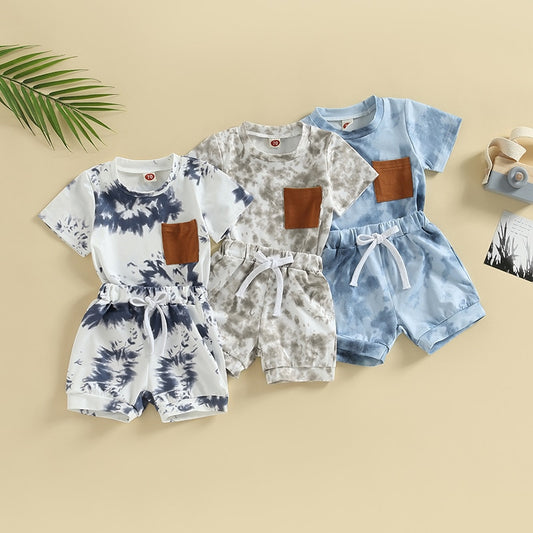 Tie-dye Print Short Sleeve Pocket T-shirt with Elastic Waist Shorts