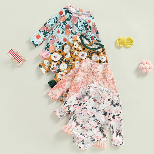 Flower Print Long Sleeve Ruffle Bikini Bathing Suit